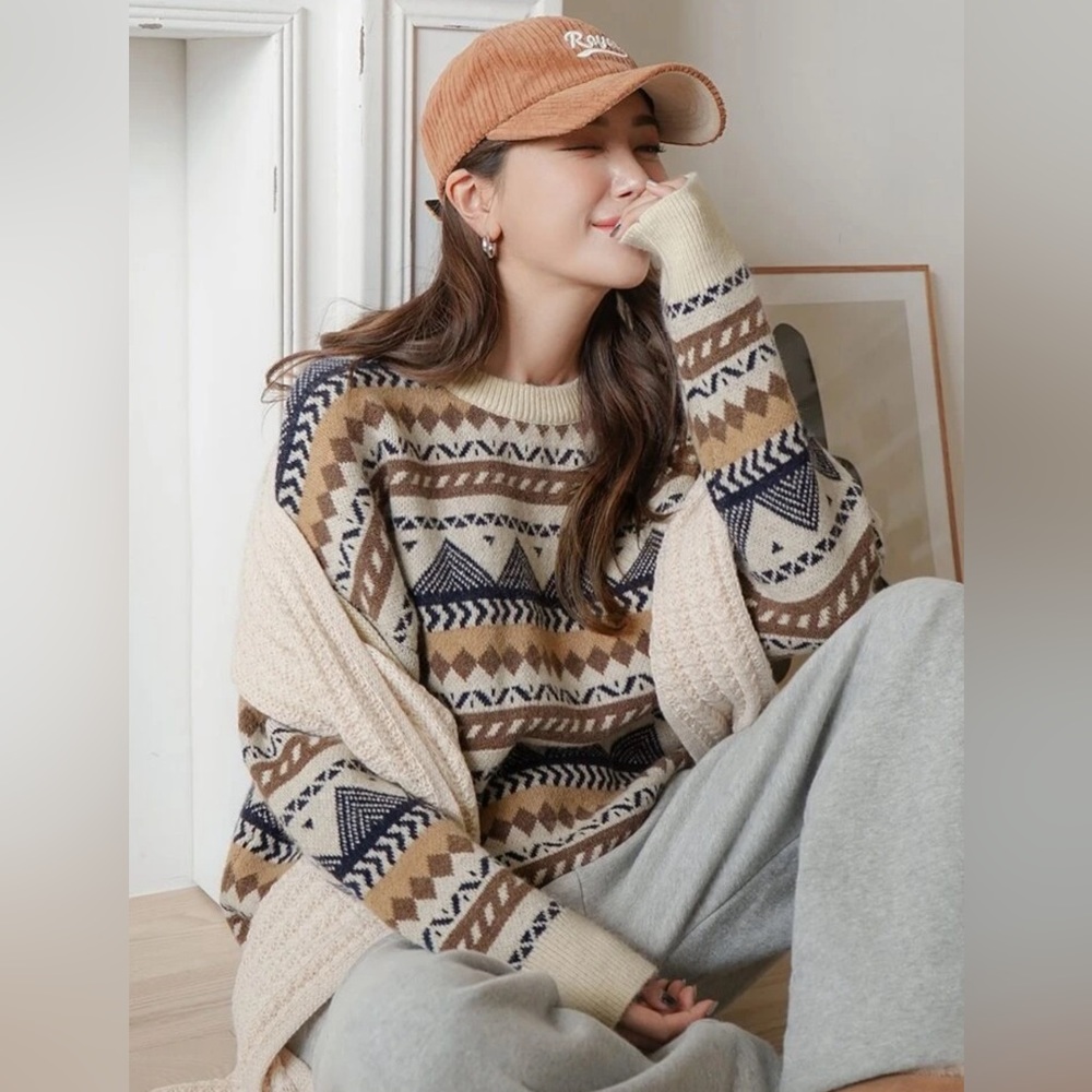 Dazy Striped and Geo Pattern Drop Shoulder Sweater